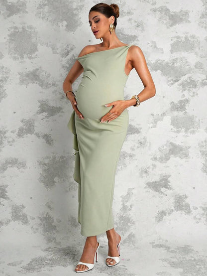 Maternity Sage Green Summer Elegant Dress,Asymmetric Shoulder Ruched Patchwork Ruffle Hem Side Slit Pregnancy Photoshoot Baby Shower Wedding Guest