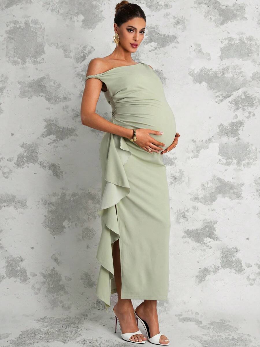 Maternity Sage Green Summer Elegant Dress,Asymmetric Shoulder Ruched Patchwork Ruffle Hem Side Slit Pregnancy Photoshoot Baby Shower Wedding Guest