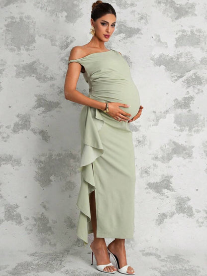 Maternity Sage Green Summer Elegant Dress,Asymmetric Shoulder Ruched Patchwork Ruffle Hem Side Slit Pregnancy Photoshoot Baby Shower Wedding Guest
