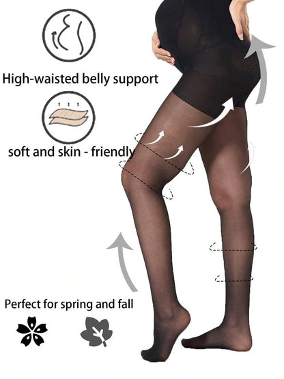 Maternity Tights - Black High Waist Stretchy Sheer Design Soft Pregnancy Leggings, Daily Wear