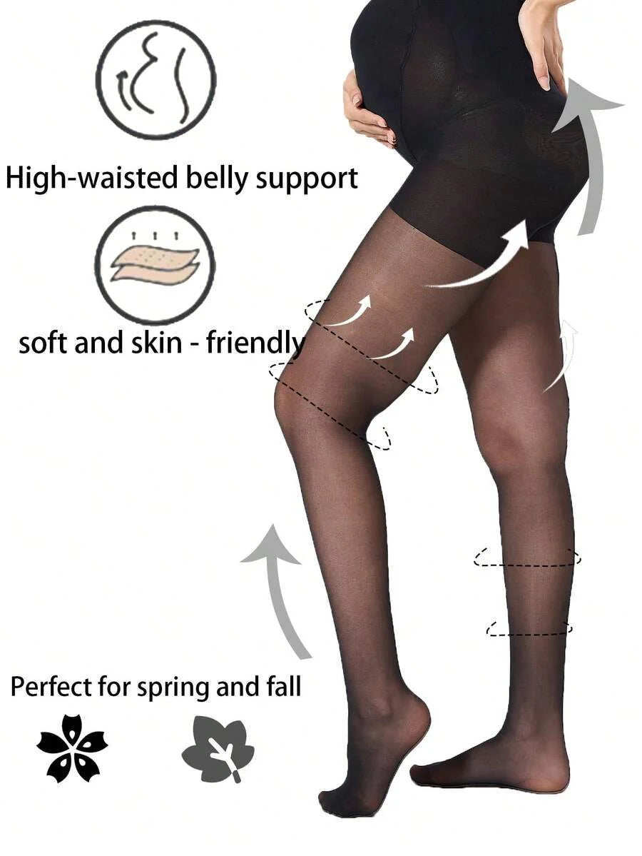 Maternity Stirrup Tights - Black Belly Support Lightweight Sheer High Waist, Office Workwear