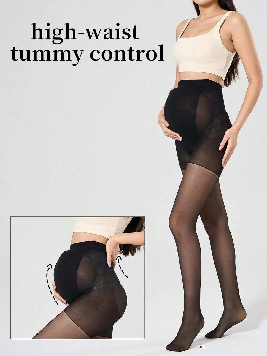 Maternity Stirrup Tights - Black Belly Support Lightweight Sheer High Waist, Office Workwear