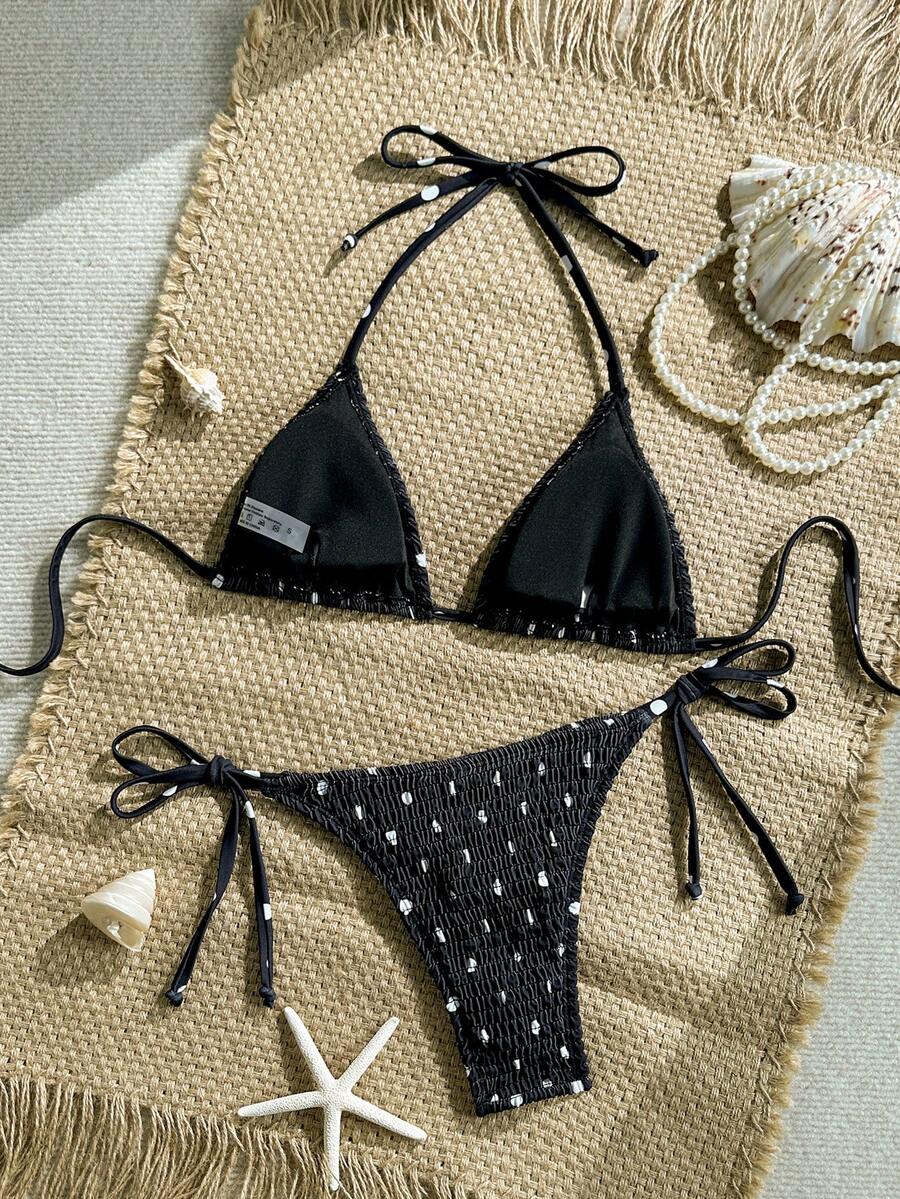 Swim Vcay Women's Ruched Tropical Print Halter Neck Tied Swimsuit And Bikini Set, Summer Beach Vacation