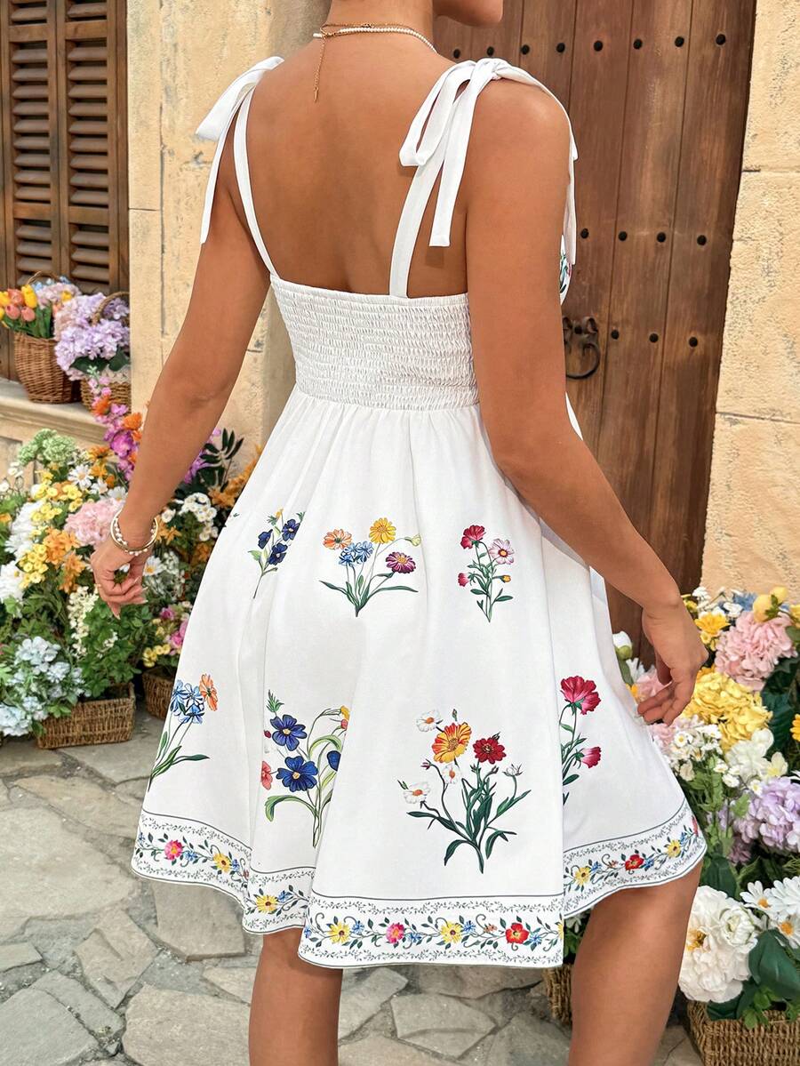 Maternity White Floral Spaghetti Strap Dress with Bow Detail and Flared A Line Skirt for Summer Beach Vacation
