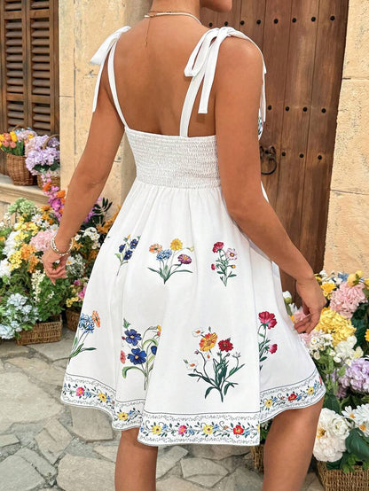 Maternity White Floral Spaghetti Strap Dress with Bow Detail and Flared A Line Skirt for Summer Beach Vacation