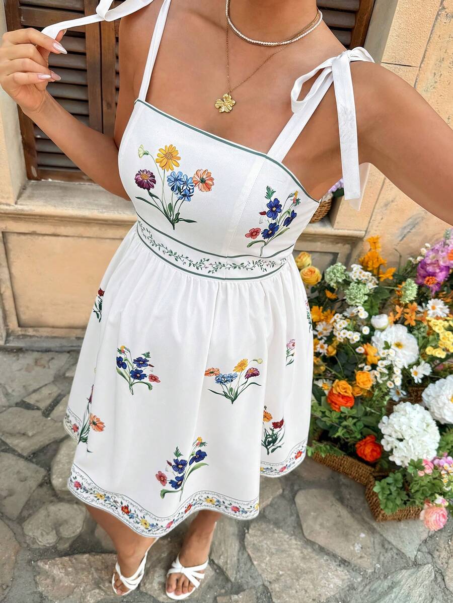 Maternity White Floral Spaghetti Strap Dress with Bow Detail and Flared A Line Skirt for Summer Beach Vacation