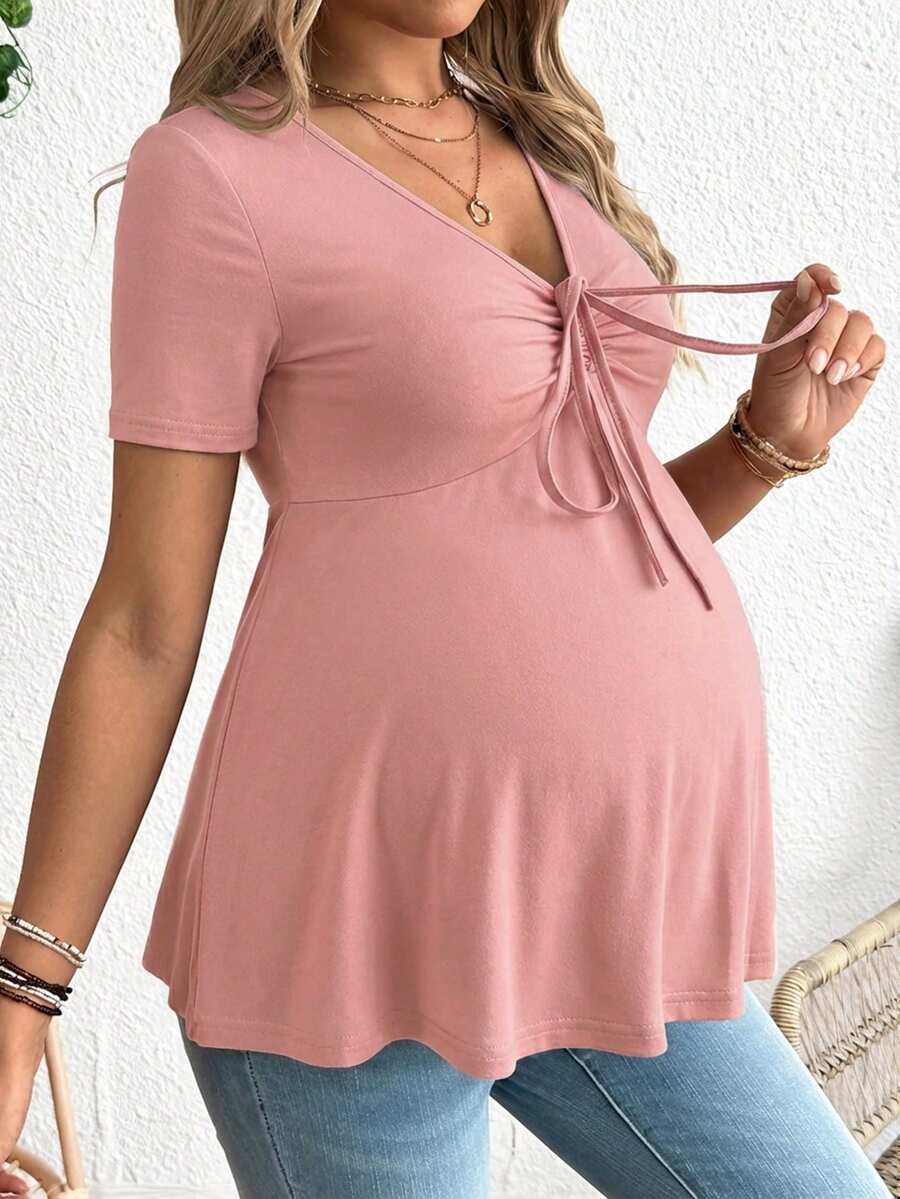 Maternity V-Neck Long Sleeve T-Shirt - Slim Fit Ruched Ruffle Hem Knitted Casual Top for Beach and Daily Wear