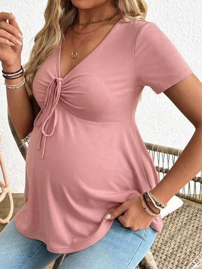 Maternity V-Neck Long Sleeve T-Shirt - Slim Fit Ruched Ruffle Hem Knitted Casual Top for Beach and Daily Wear