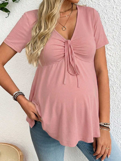 Maternity V-Neck Long Sleeve T-Shirt - Slim Fit Ruched Ruffle Hem Knitted Casual Top for Beach and Daily Wear
