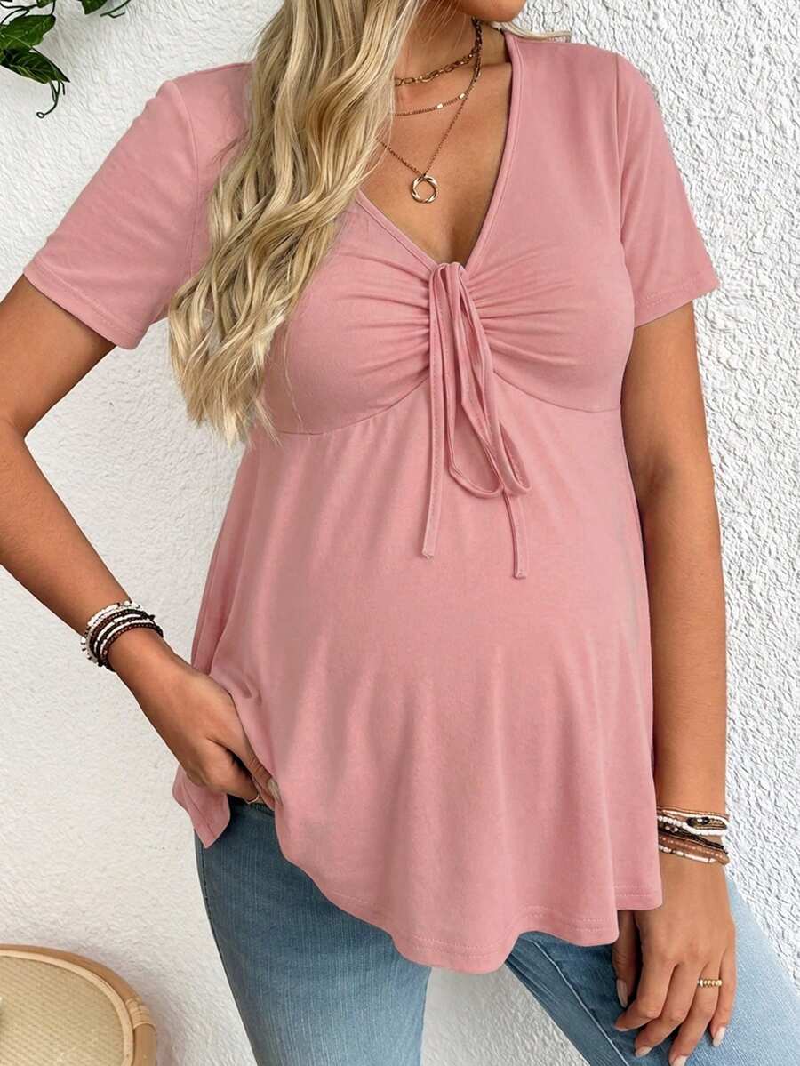 Maternity T-Shirt - Solid Color Front Tie Casual Short Sleeve Soft Stretch, Everyday Pregnancy