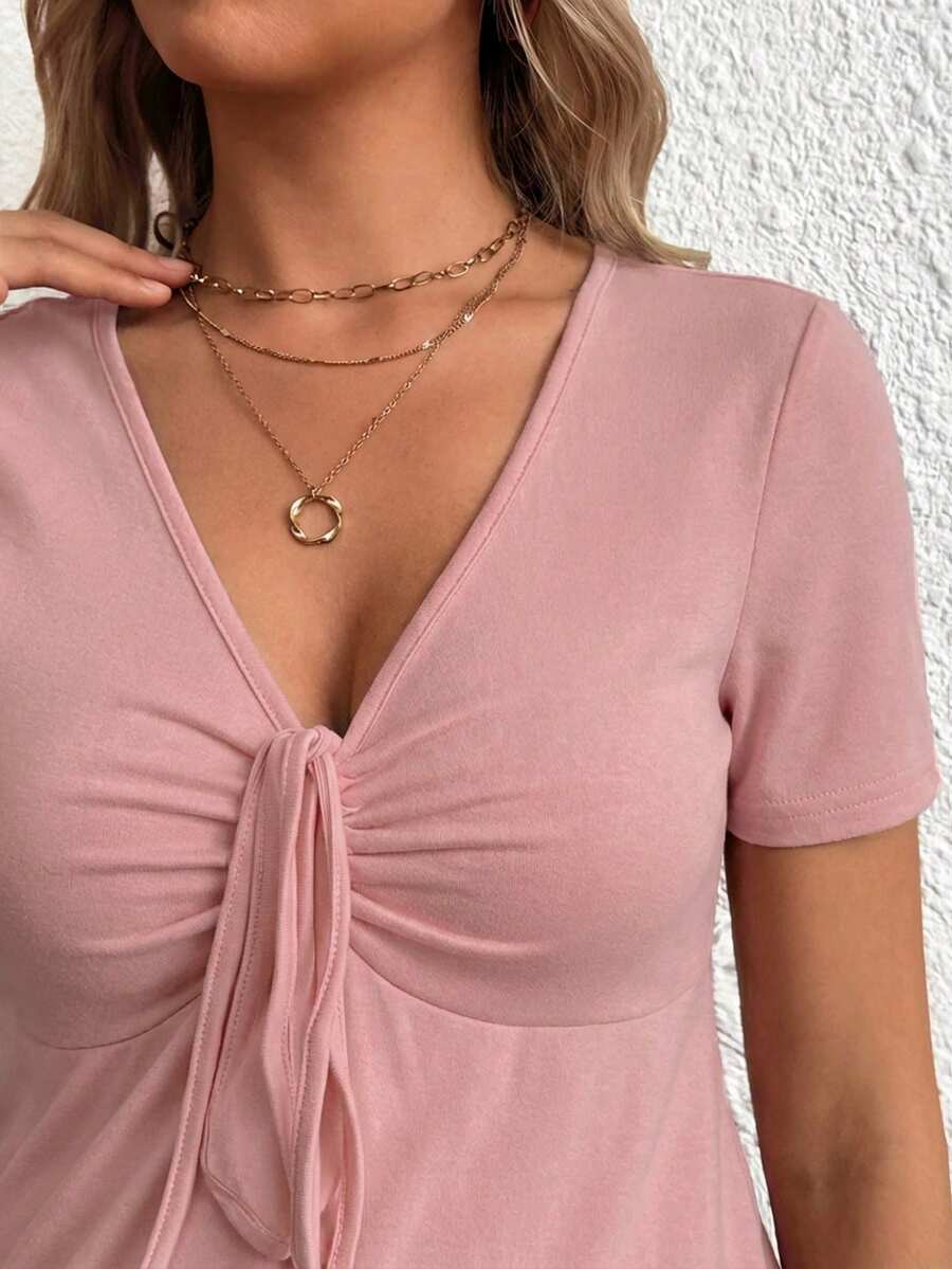 Maternity V-Neck Long Sleeve T-Shirt - Slim Fit Ruched Ruffle Hem Knitted Casual Top for Beach and Daily Wear