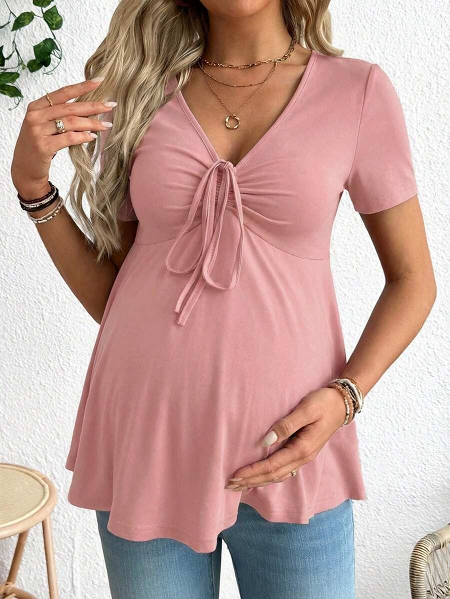 Maternity V-Neck Long Sleeve T-Shirt - Slim Fit Ruched Ruffle Hem Knitted Casual Top for Beach and Daily Wear