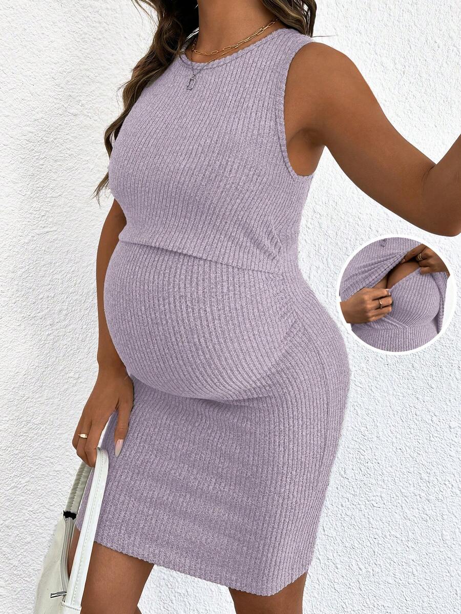 Blue Rib-Knit Maternity Tank Dress - Slim Fit Sleeveless Nursing Tunic Mini Dress - Medium Stretch Casual Summer Pullover Short Dress