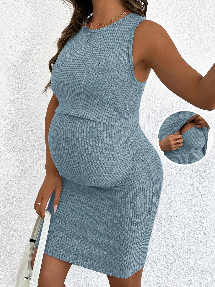 Blue Rib-Knit Maternity Tank Dress - Slim Fit Sleeveless Nursing Tunic Mini Dress - Medium Stretch Casual Summer Pullover Short Dress