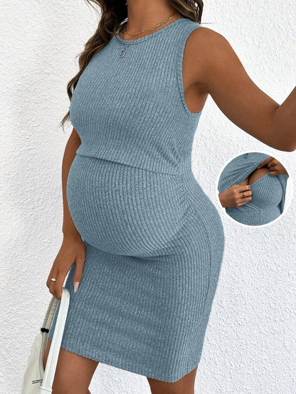 Blue Rib-Knit Maternity Tank Dress - Slim Fit Sleeveless Nursing Tunic Mini Dress - Medium Stretch Casual Summer Pullover Short Dress