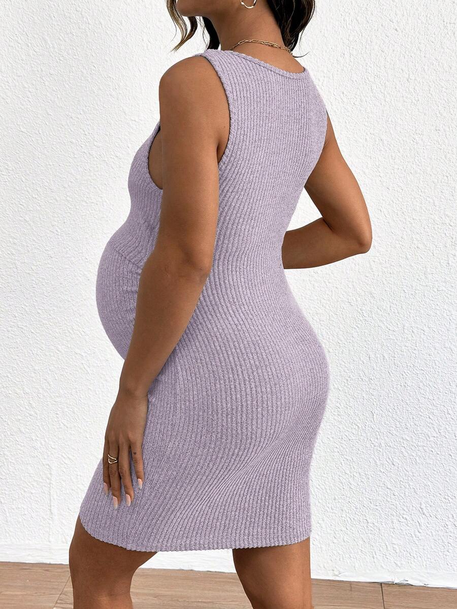 Blue Rib-Knit Maternity Tank Dress - Slim Fit Sleeveless Nursing Tunic Mini Dress - Medium Stretch Casual Summer Pullover Short Dress