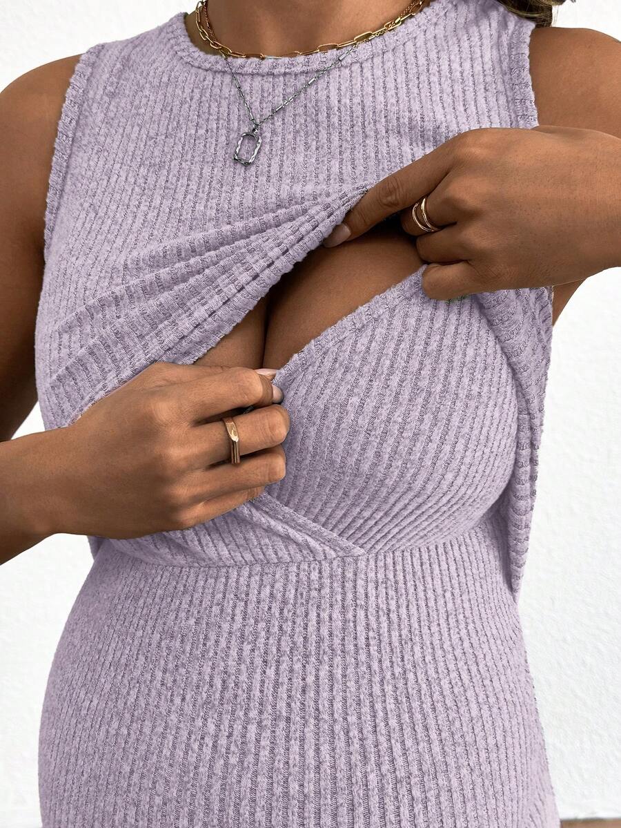 Blue Rib-Knit Maternity Tank Dress - Slim Fit Sleeveless Nursing Tunic Mini Dress - Medium Stretch Casual Summer Pullover Short Dress