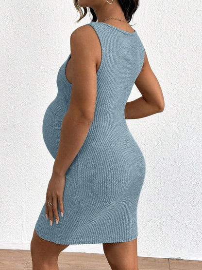 Blue Rib-Knit Maternity Tank Dress - Slim Fit Sleeveless Nursing Tunic Mini Dress - Medium Stretch Casual Summer Pullover Short Dress