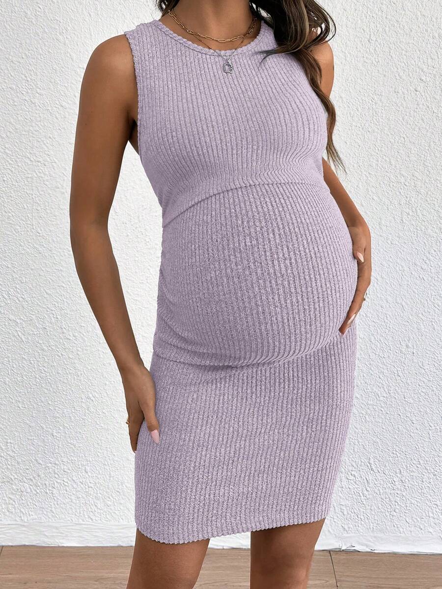 Blue Rib-Knit Maternity Tank Dress - Slim Fit Sleeveless Nursing Tunic Mini Dress - Medium Stretch Casual Summer Pullover Short Dress