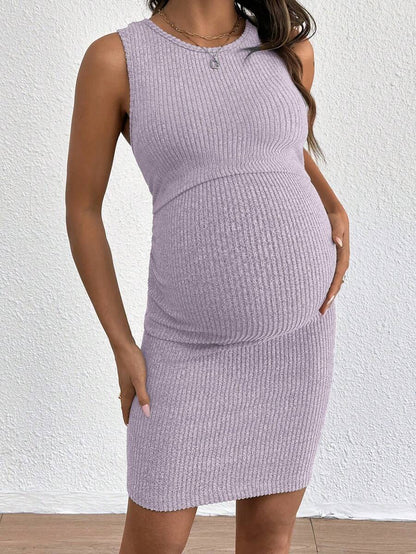 Blue Rib-Knit Maternity Tank Dress - Slim Fit Sleeveless Nursing Tunic Mini Dress - Medium Stretch Casual Summer Pullover Short Dress