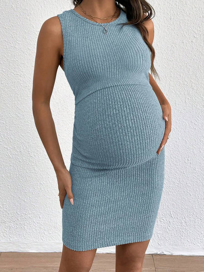 Blue Rib-Knit Maternity Tank Dress - Slim Fit Sleeveless Nursing Tunic Mini Dress - Medium Stretch Casual Summer Pullover Short Dress
