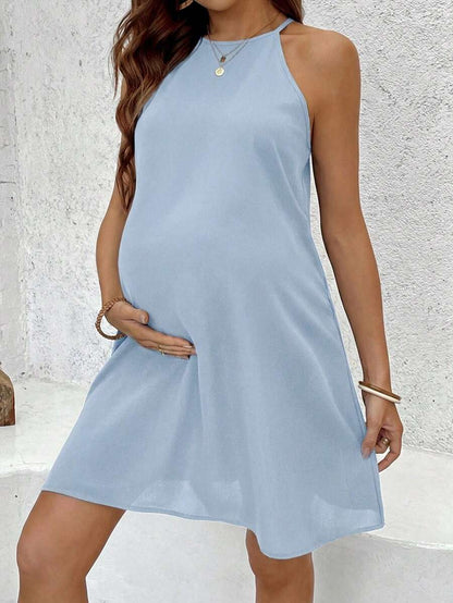 Maternity Halter Backless Mini A-Line Dress in Baby Blue  Sleeveless Casual Everyday Summer Outfit for Women