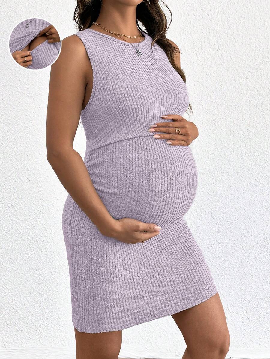 Blue Rib-Knit Maternity Tank Dress - Slim Fit Sleeveless Nursing Tunic Mini Dress - Medium Stretch Casual Summer Pullover Short Dress