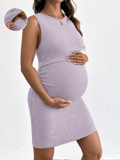 Blue Rib-Knit Maternity Tank Dress - Slim Fit Sleeveless Nursing Tunic Mini Dress - Medium Stretch Casual Summer Pullover Short Dress