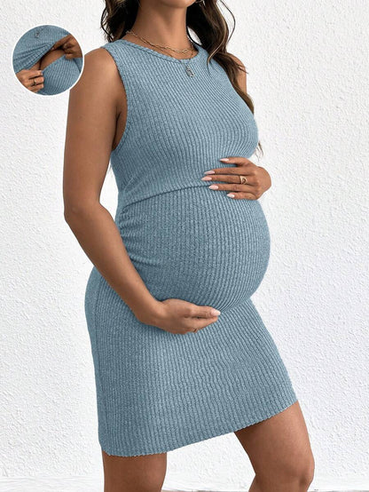 Blue Rib-Knit Maternity Tank Dress - Slim Fit Sleeveless Nursing Tunic Mini Dress - Medium Stretch Casual Summer Pullover Short Dress