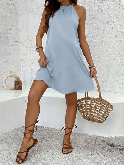 Maternity Black Halter Neck Mini Dress - Slim Fit Backless A-Line Pregnancy Outfit - Sleeveless Solid Color Casual Maternity Sundress