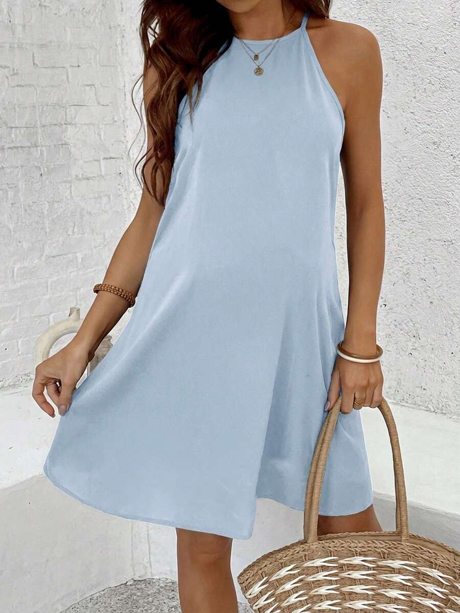 Maternity Black Halter Neck Mini Dress - Slim Fit Backless A-Line Pregnancy Outfit - Sleeveless Solid Color Casual Maternity Sundress