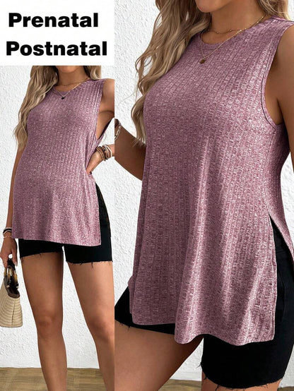 Maternity Side Slit Knit Camisole Tank - Round Neck Sleeveless Travel & Everyday, Apricot