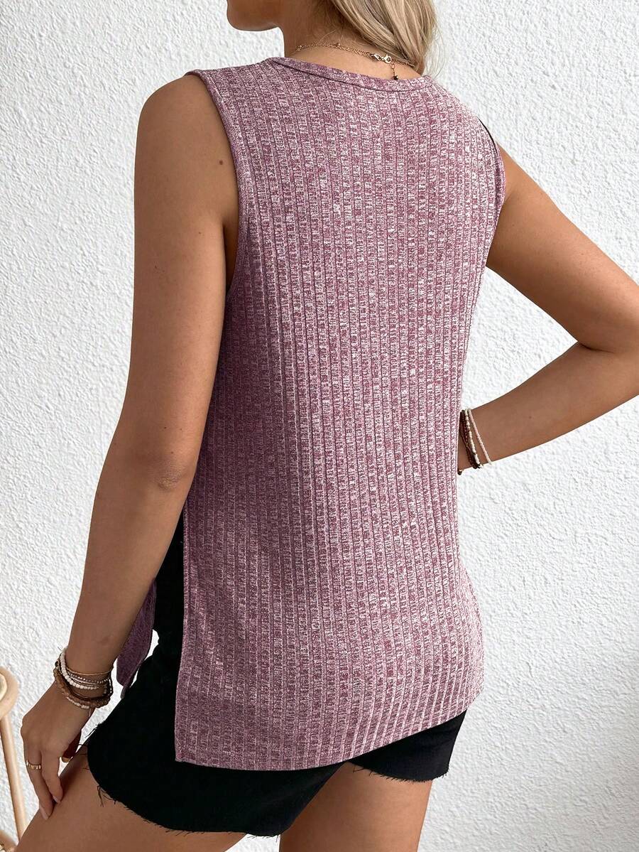 Maternity Side Slit Knit Camisole Tank - Round Neck Sleeveless Travel & Everyday, Apricot