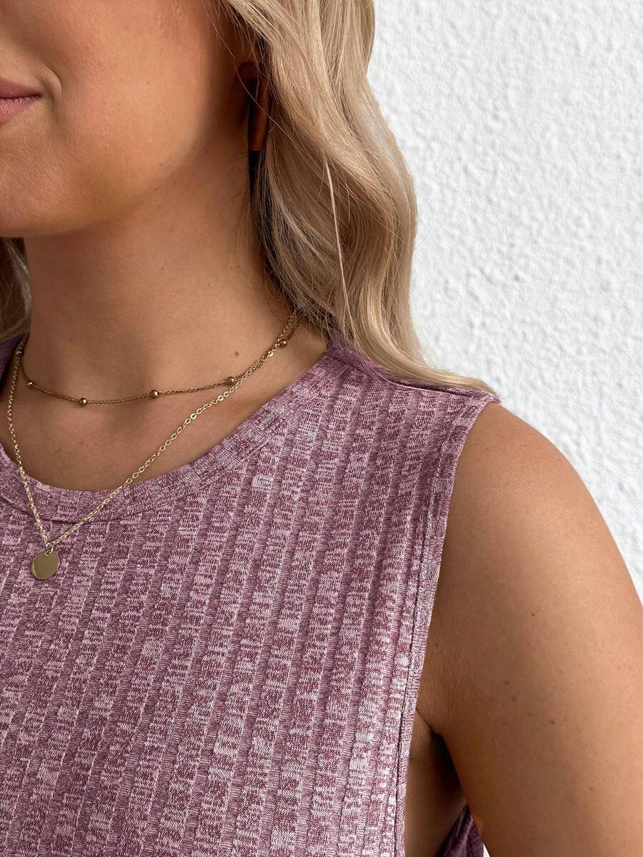 Maternity Side Slit Knit Camisole Tank - Round Neck Sleeveless Travel & Everyday, Apricot
