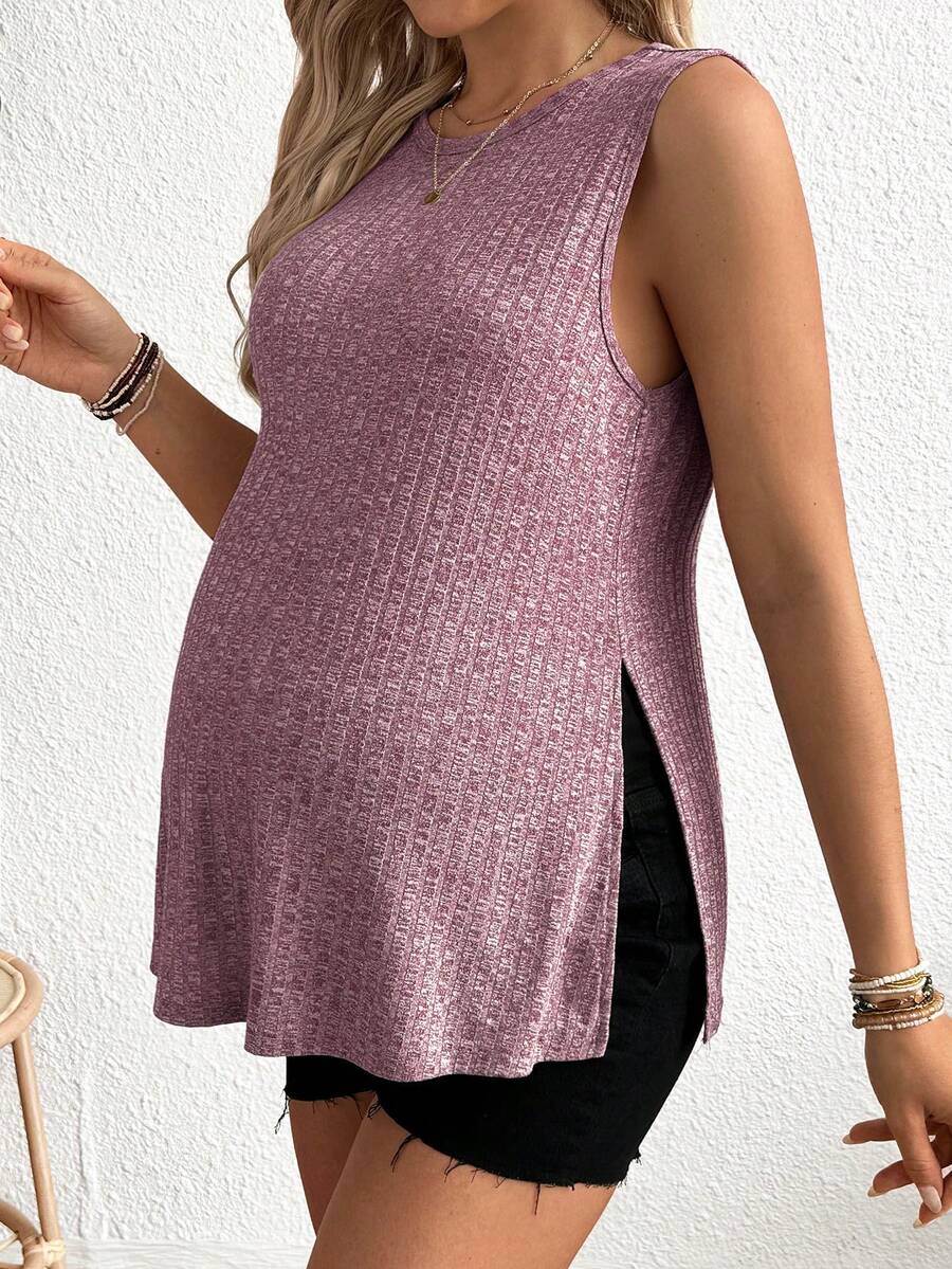 Maternity Side Slit Knit Camisole Tank - Round Neck Sleeveless Travel & Everyday, Apricot