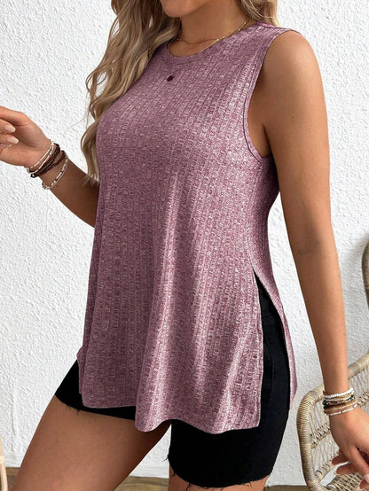 Maternity Side Slit Knit Camisole Tank - Round Neck Sleeveless Travel & Everyday, Apricot
