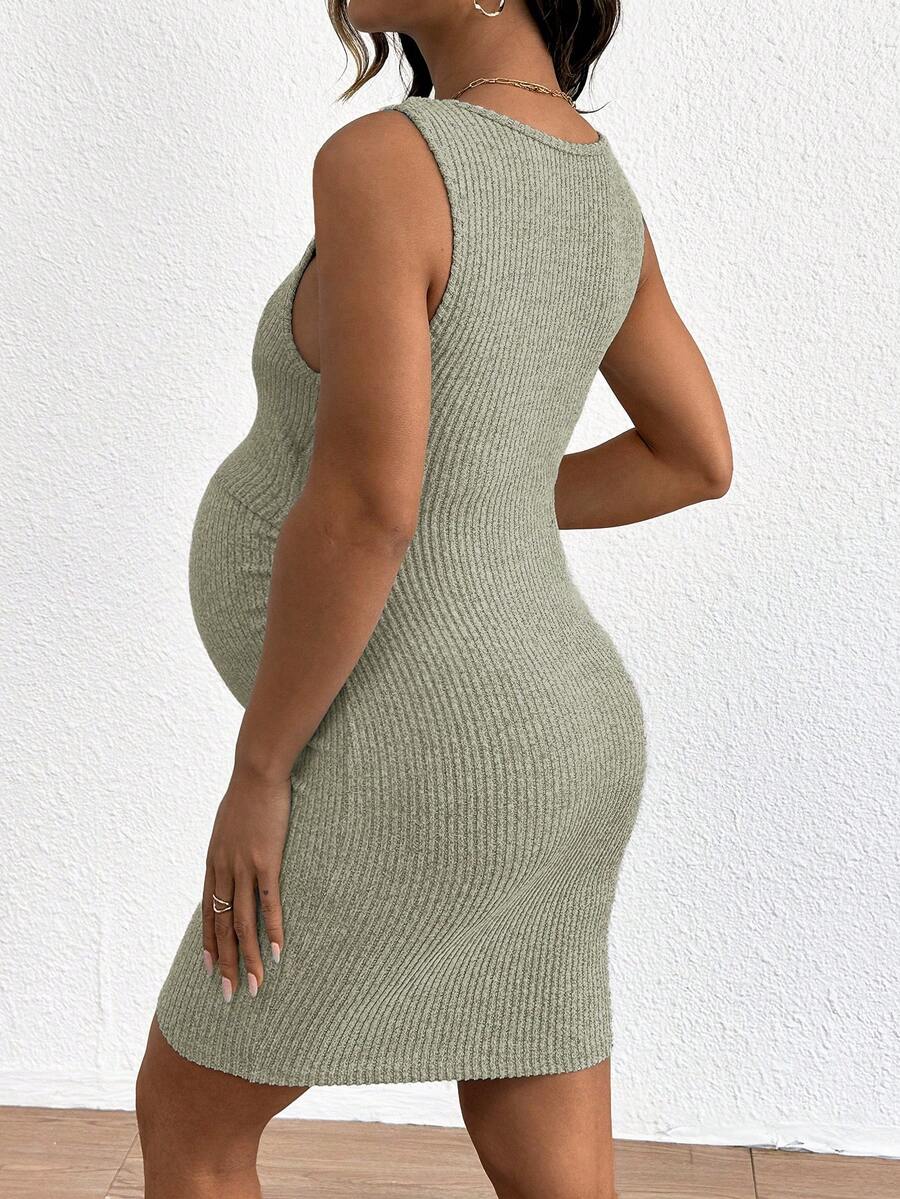 Blue Rib-Knit Maternity Tank Dress - Slim Fit Sleeveless Nursing Tunic Mini Dress - Medium Stretch Casual Summer Pullover Short Dress
