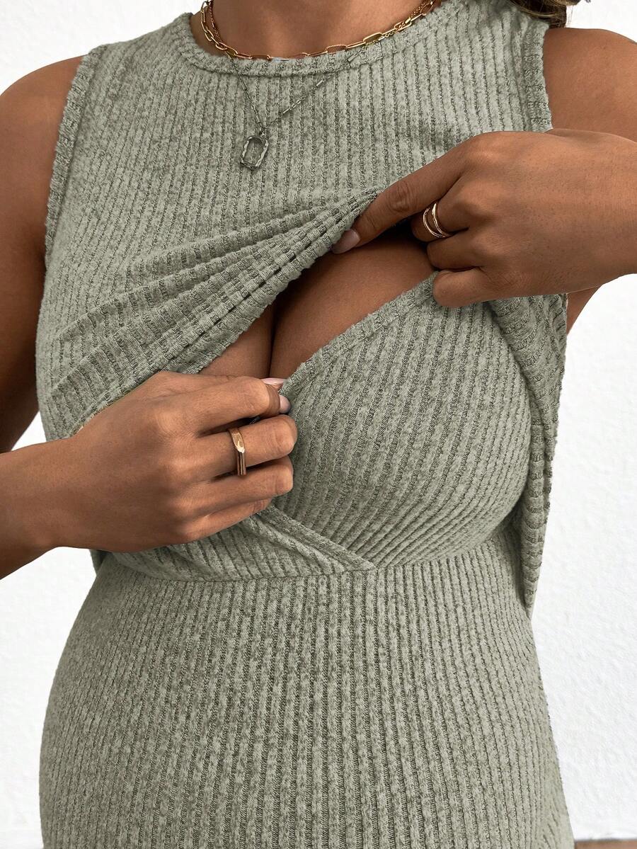 Blue Rib-Knit Maternity Tank Dress - Slim Fit Sleeveless Nursing Tunic Mini Dress - Medium Stretch Casual Summer Pullover Short Dress