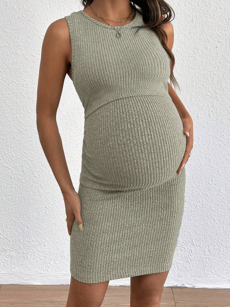 Blue Rib-Knit Maternity Tank Dress - Slim Fit Sleeveless Nursing Tunic Mini Dress - Medium Stretch Casual Summer Pullover Short Dress