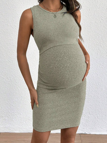 Blue Rib-Knit Maternity Tank Dress - Slim Fit Sleeveless Nursing Tunic Mini Dress - Medium Stretch Casual Summer Pullover Short Dress