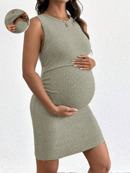 Blue Rib-Knit Maternity Tank Dress - Slim Fit Sleeveless Nursing Tunic Mini Dress - Medium Stretch Casual Summer Pullover Short Dress