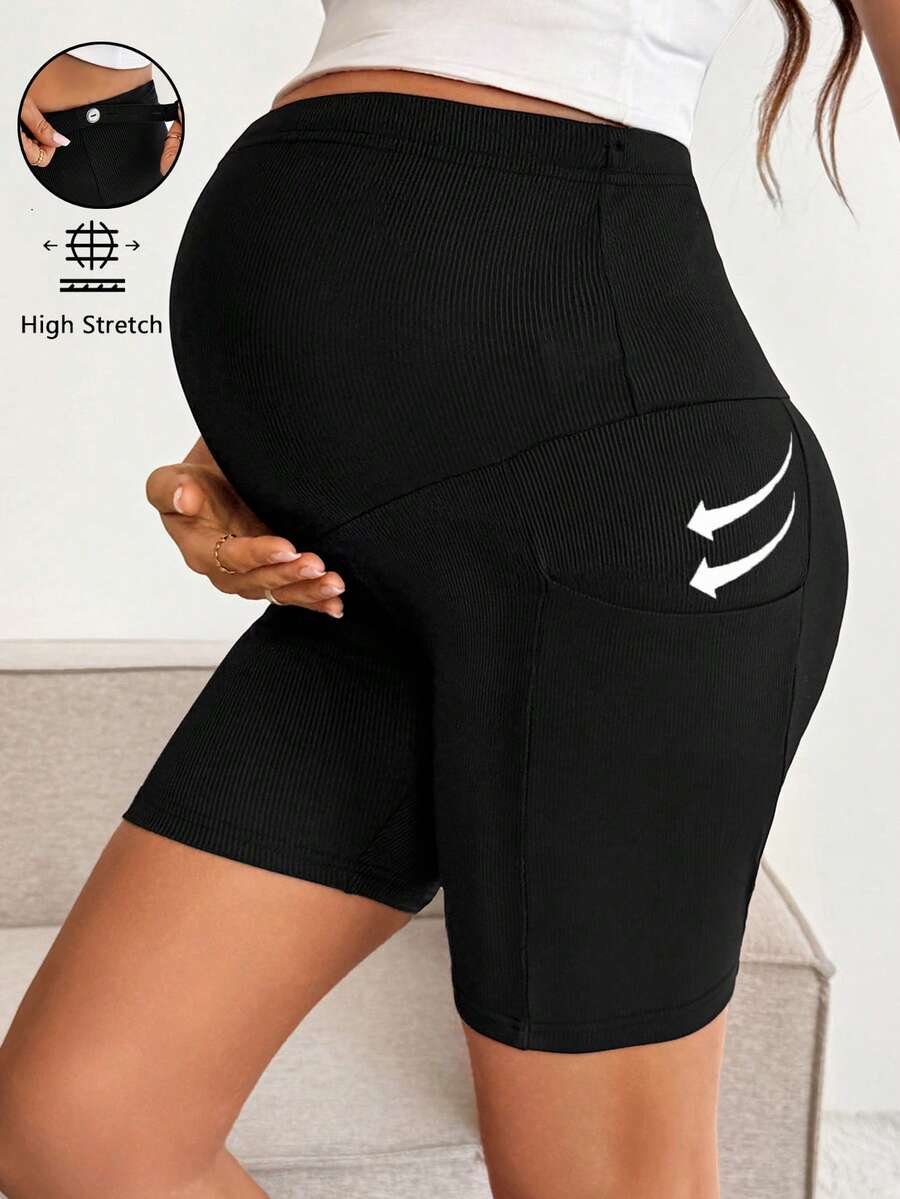 Maternity Black Ribbed Knit Adjustable Waist Shorts Ultra High Waist Slight Stretch Casual Daily Commute Summer Bottoms