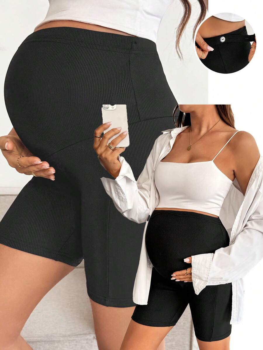 Maternity Black Ribbed Knit Adjustable Waist Shorts Ultra High Waist Slight Stretch Casual Daily Commute Summer Bottoms