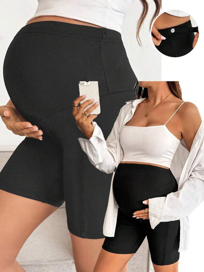 Maternity Black Ribbed Knit Adjustable Waist Shorts Ultra High Waist Slight Stretch Casual Daily Commute Summer Bottoms