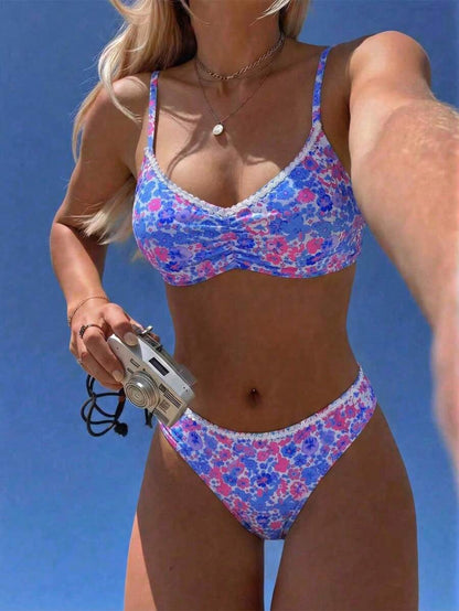 Women's Ditsy Floral Bikini Set - Ruched Spaghetti Strap, Hipsters, High Waist, Multicolor