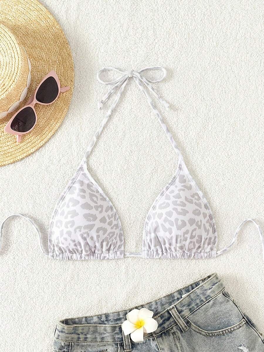 Swim Vcay 1pc Women's Leopard Print Halter Bikini Top For Summer Beach Vacation