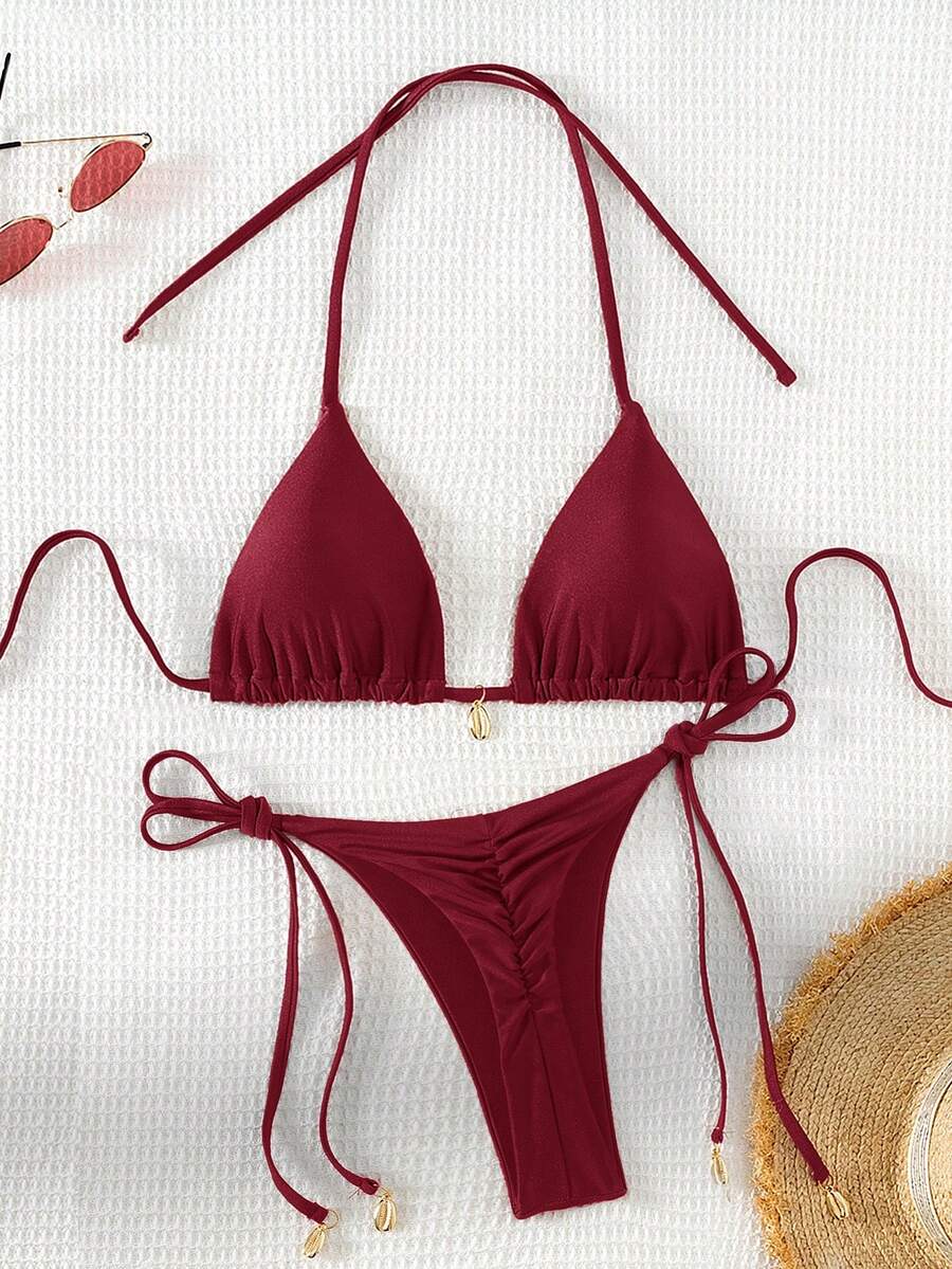Swim Chiccia Women Spring Break Summer Beach Solid Color Halter Tie Sexy Bikini Swimsuit Set