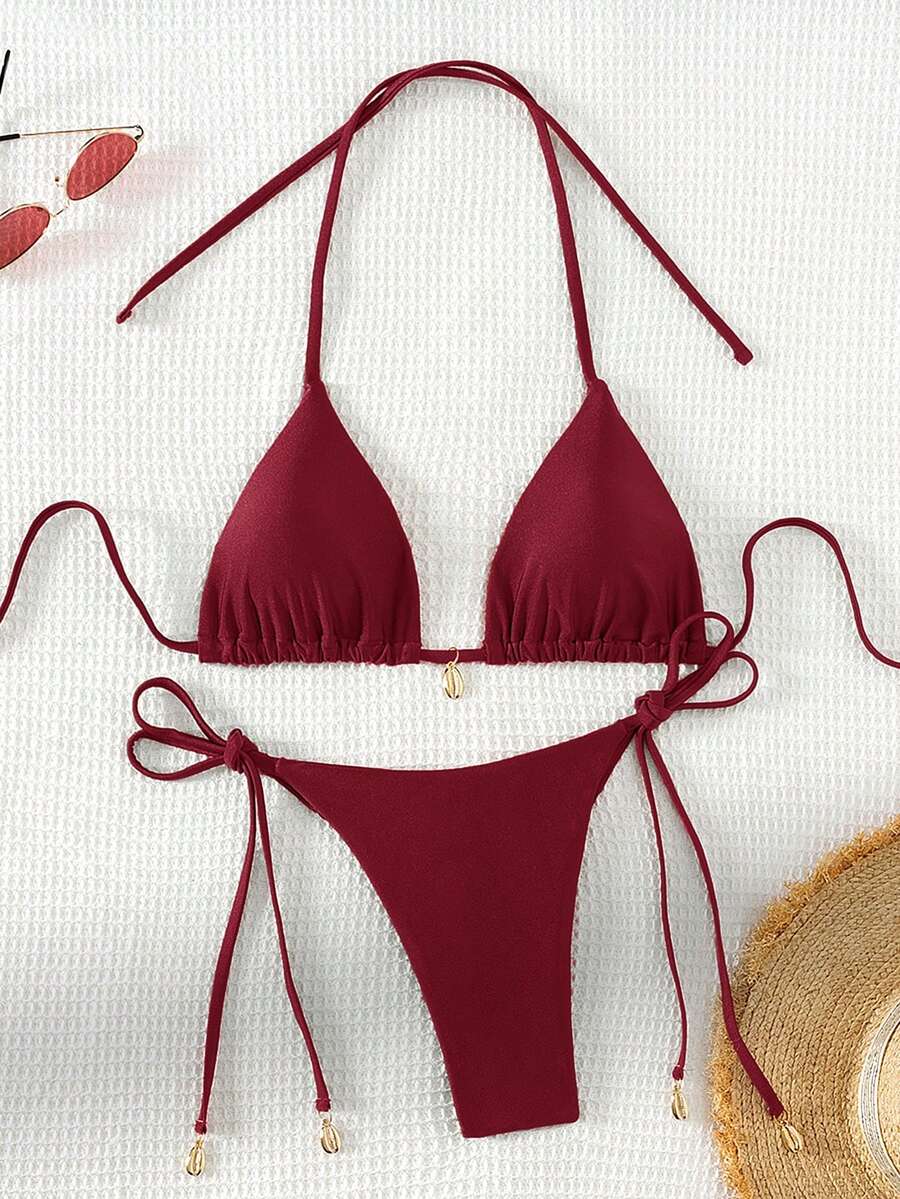 Swim Chiccia Women Spring Break Summer Beach Solid Color Halter Tie Sexy Bikini Swimsuit Set