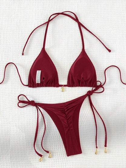 Swim Chiccia Women Spring Break Summer Beach Solid Color Halter Tie Sexy Bikini Swimsuit Set