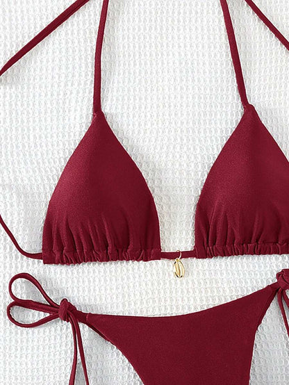 Swim Chiccia Women Spring Break Summer Beach Solid Color Halter Tie Sexy Bikini Swimsuit Set